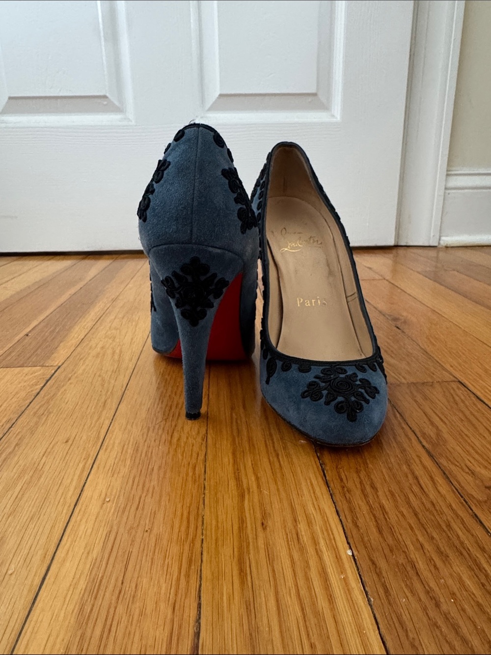 Christian Louboutin Slate Gray Suede Embroidered Pumps with Red Sole